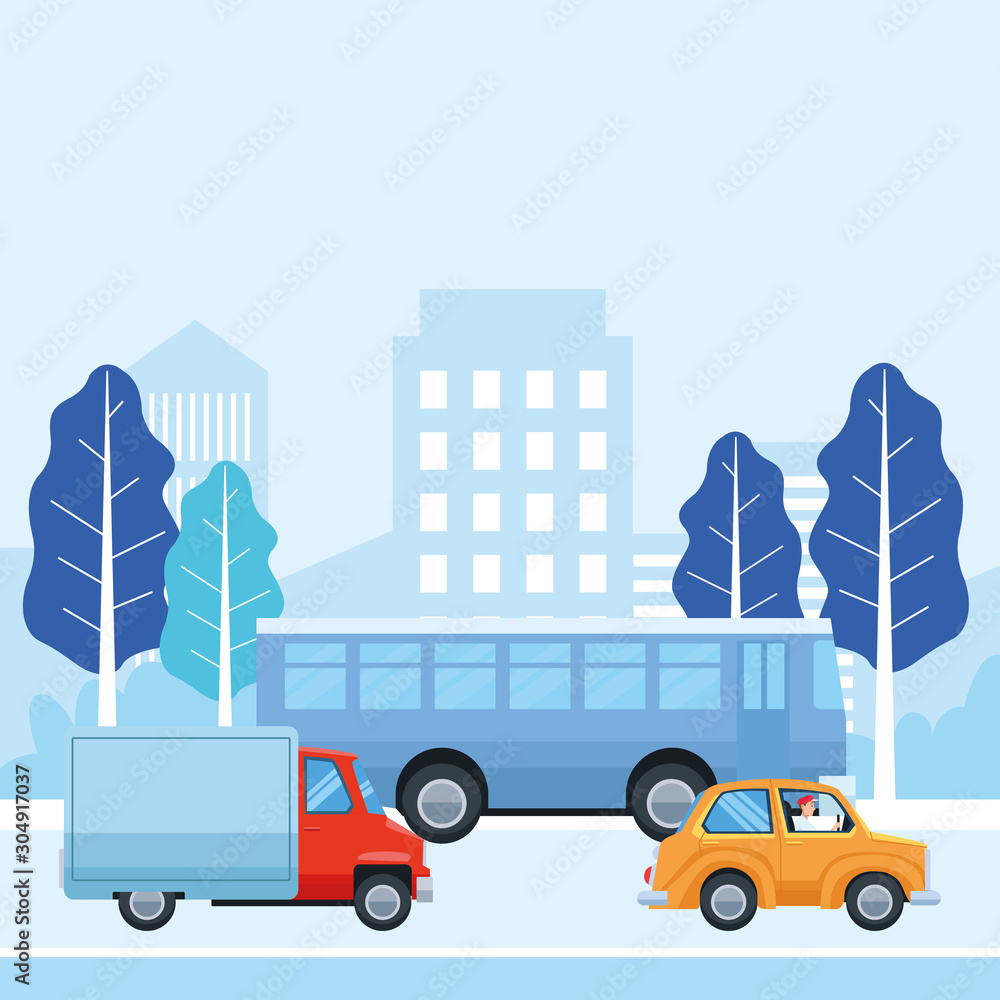 People driving cars and bus vector design