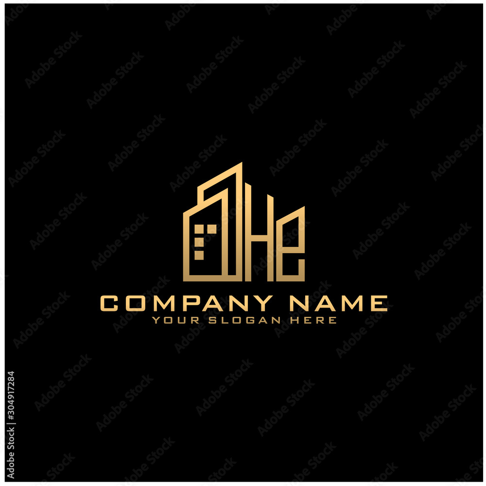 Letter HE With Building For Construction Company Logo
