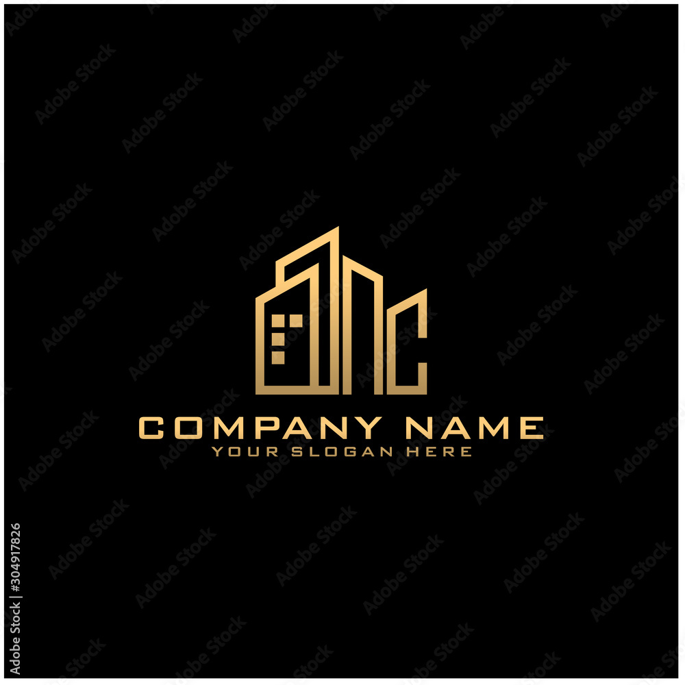 Letter NC With Building For Construction Company Logo