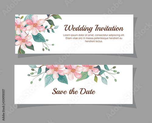 set wedding invitation cards with flowers decoration vector illustration design