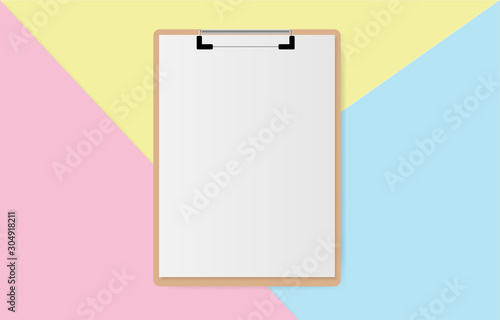Clipboard with white sheet on pastel color background, Minimal concept. Vector illustration