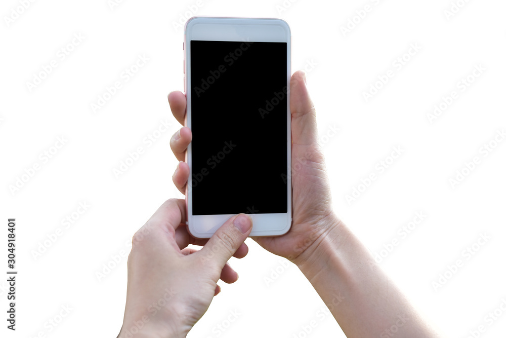 Close up Hand Holding Mobile smart phone Cellphone telephone mobile technology on white background