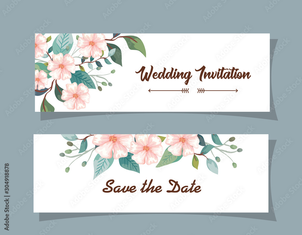 set wedding invitation cards with flowers decoration vector illustration design
