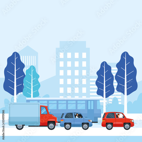 People driving cars and bus vector design