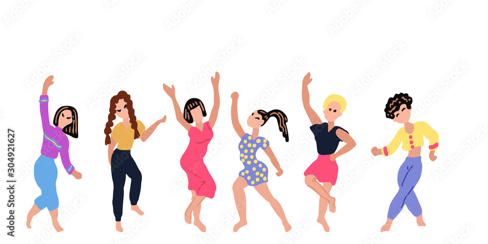 A set of dancing and jumping girls in colorful clothes. Vector illustration. Character collection. Isolated art