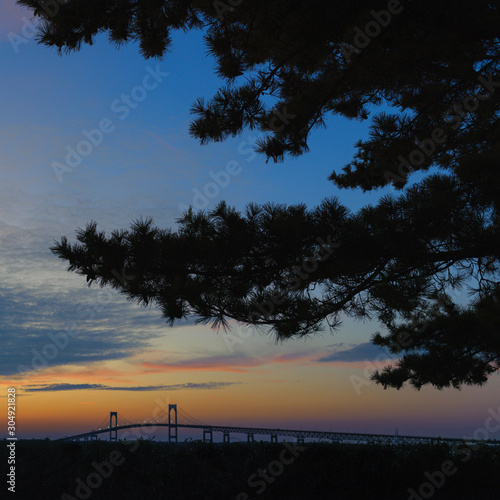 Orange sunset blue hour Claiborne Pell Newport Bridge  Newport Rhode Island with pine tree in silhouette travel scenic with empty blue sky copy space. Square version. 