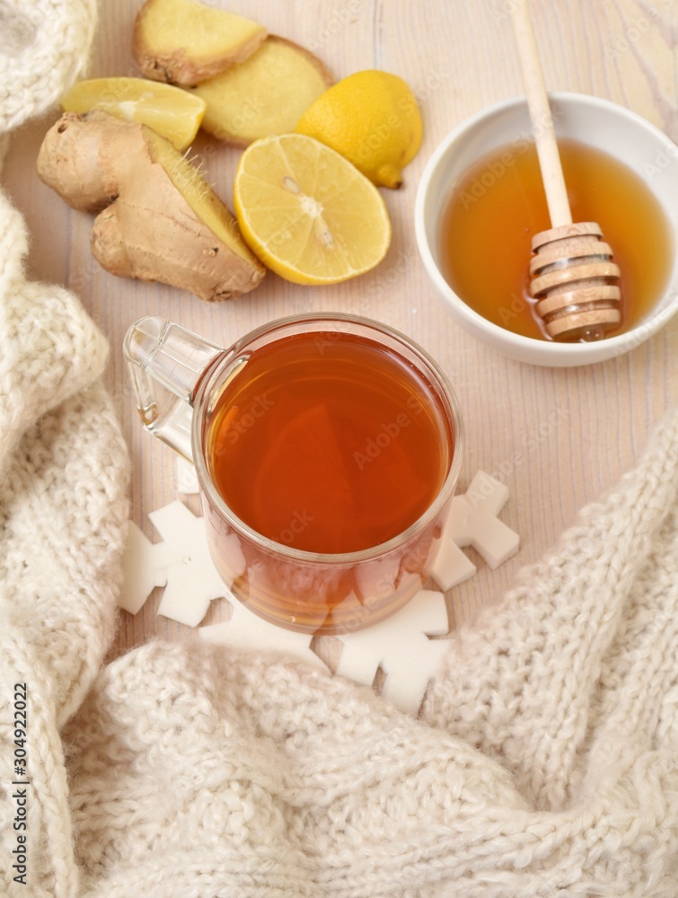 Hot healthy ginger tea with lemon and honey, natural flu treatment. Hot healthy ginger tea with lemon and honey, natural flu treatment.