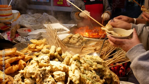 Korean street food stall, Odeng (fish-cake skewers), tteokbokki and other fried food.