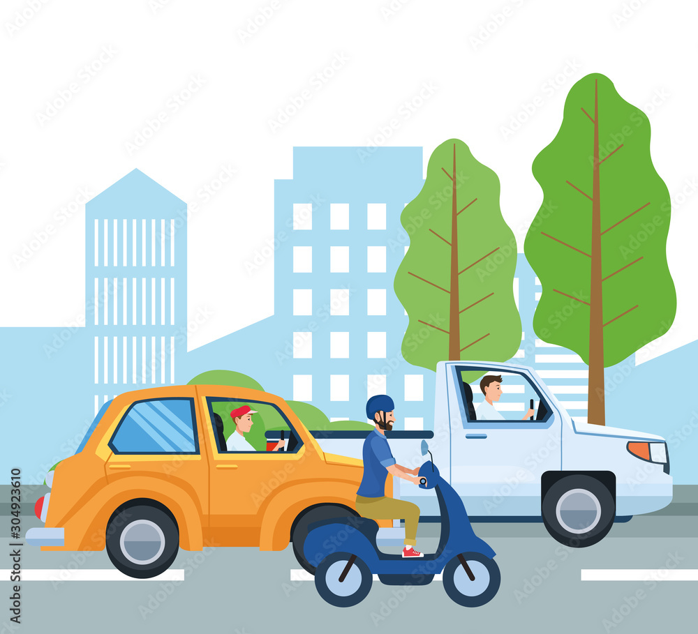 People driving cars and motorcycle vector design