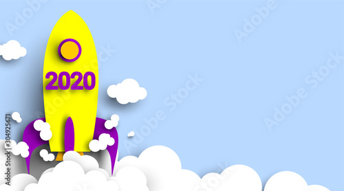 2020 New Year number design with rocket in paper cut and craft style. Symbol of achieve goals for 2020. Start up company concept. - Vector.