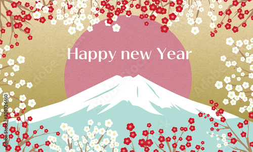 富士山と梅の美しい年賀状風のイラスト 1 