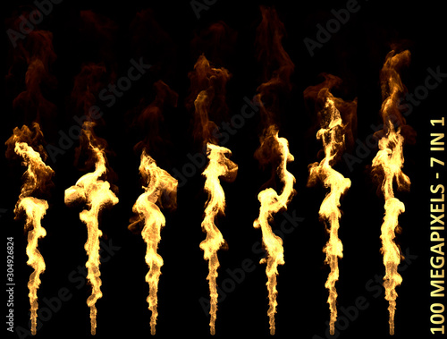 Dragon breath or flamethrower fire - 7 cute very high resolution isolated illustrations on black background, large scale 3D illustration of objects