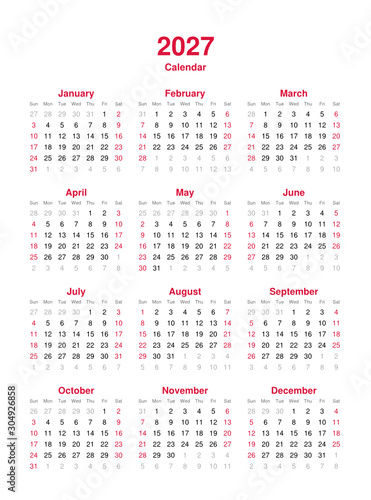 Calendar 2027 - 12 months yearly vector calendar in year 2027 - calendar template - planner calendar