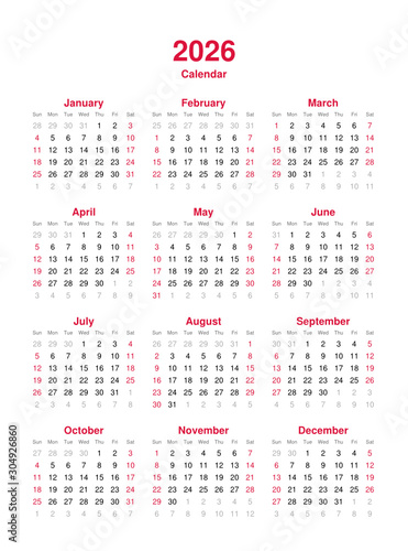 Calendar 2026 - 12 months yearly vector calendar in year 2026 - calendar template - planner calendar