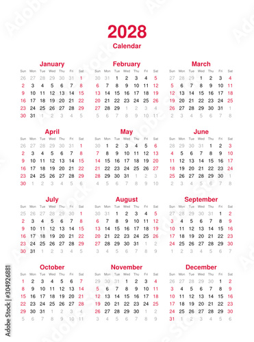 Calendar 2028 - 12 months yearly vector calendar in year 2028 - calendar template - planner calendar