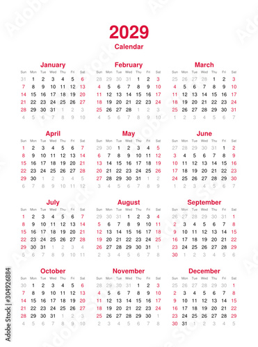 Calendar 2029 - 12 months yearly vector calendar in year 2029 - calendar template - planner calendar