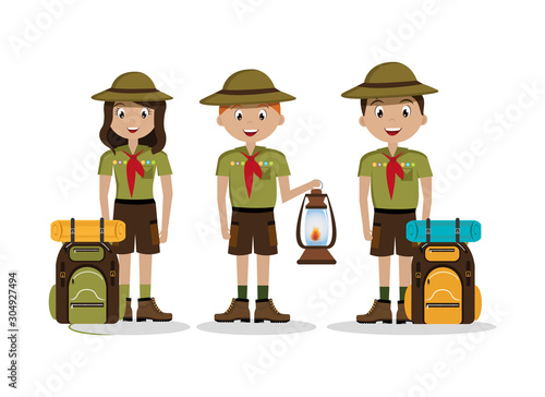 group tourists with set icons of camping vector illustration design