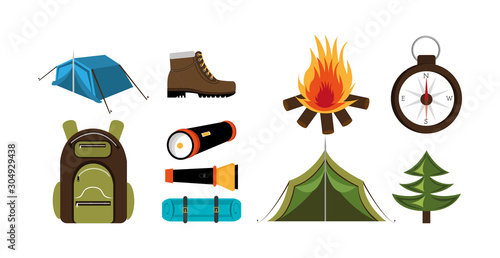 bundle equipment camping set icons vector illustration design