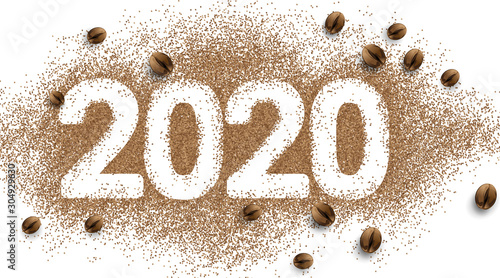 2020 coffee text number design. Coffee bean powder background. Simple concept. - Vector