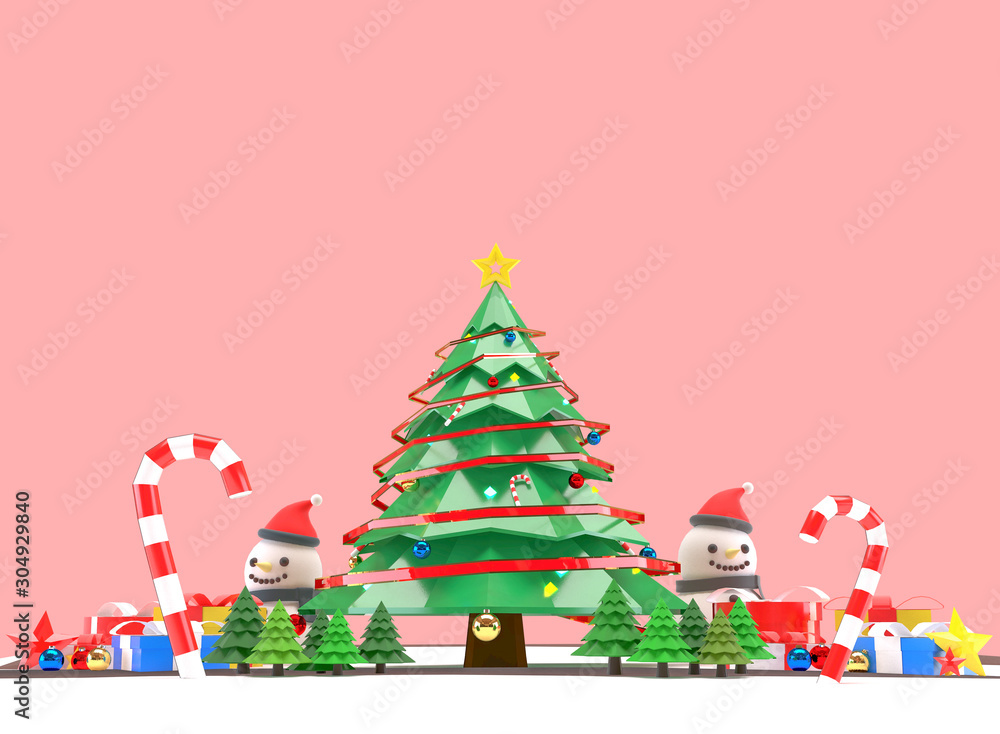 Naklejka premium 3D Render Background images of the Christmas and Happy New Year concept. There are Snowman, Christmas trees, gift boxes, and shining toys. On a beautiful red background.