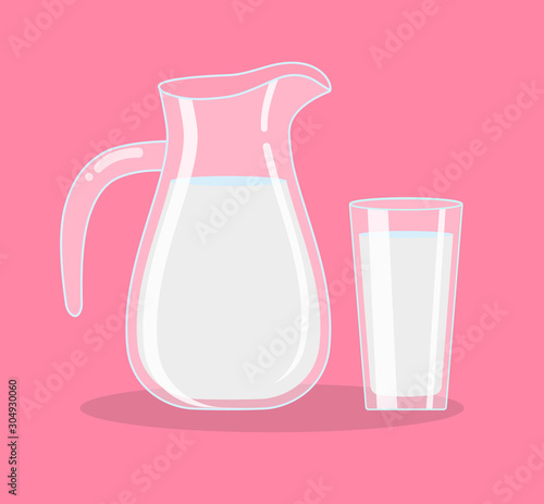 A jug of milk and a glass of milk, isolated objects. Vector illustration.