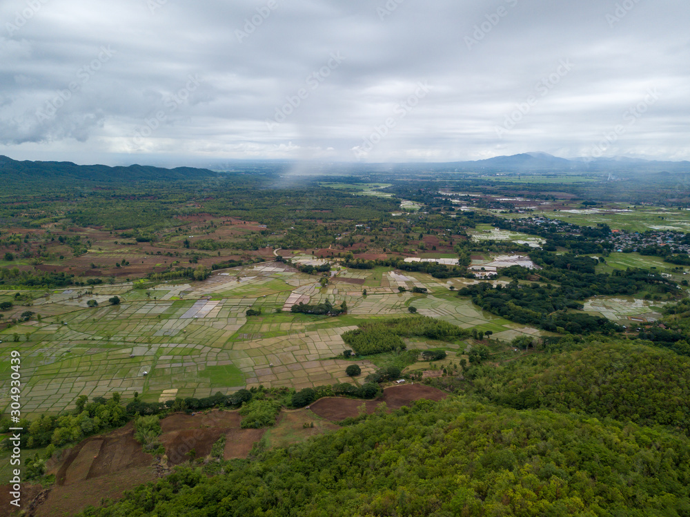 Aerial photograph of rice fields and mountains