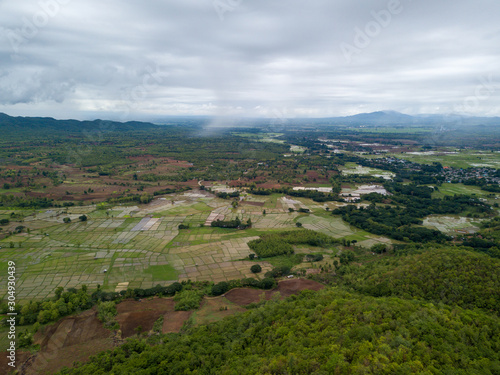 Aerial photograph of rice fields and mountains