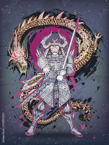 Dragon and japanese samurai battle, hand drawn fantasy art. Snake vs warrior. Vector illustration with Ronin and Dragon.