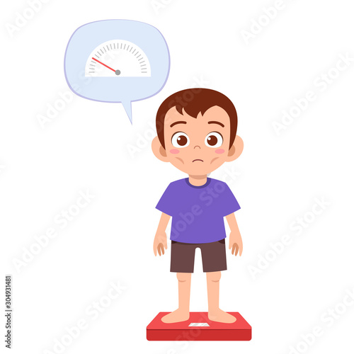 skinny sad kid boy use weight scale
