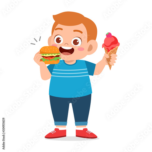 cute fat kid boy eat junk food