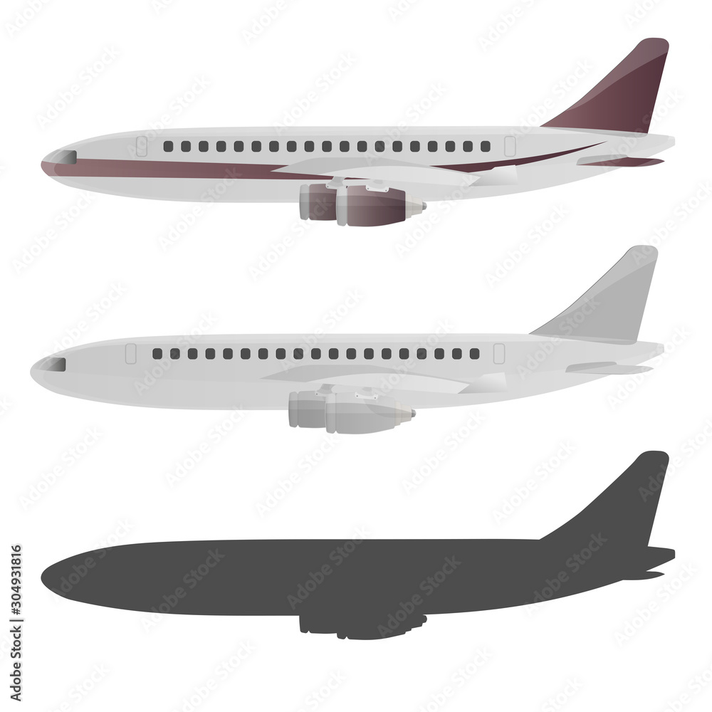 Set of airplanes vector illustration. Airline transportation concept. Vector plane with burgundy stripes on a white background. Airplane side, front. Vector illustration of an airplane. Set of airplanes vector illustration. Airline transportation concept. Vector plane with burgundy stripes on a white background. Airplane side, front. Vector illustration of an airplane.
