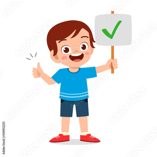 happy cute kid boy carry correct sign