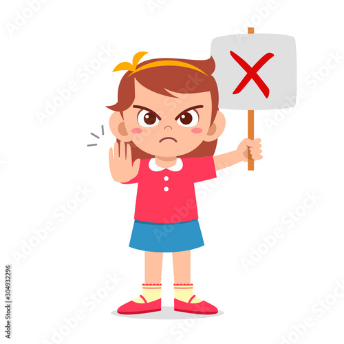 happy cute kid girl carry wrong sign