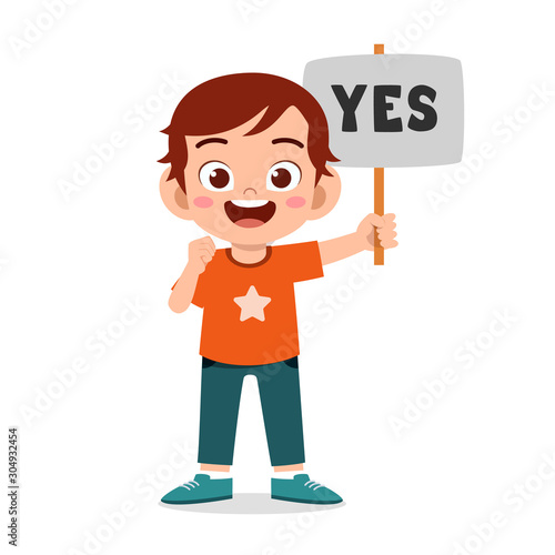 happy cute kid boy carry correct sign