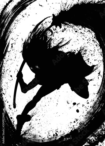 A black silhouette of a girl warrior with glowing eyes in a dynamic pose, with an Eastern halberd naginata, makes a circular cut describing a beautiful ink circle . 2D illustration. photo