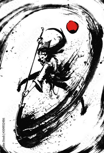 A furious samurai makes a circular cut with a halberd describing an inky circle behind him, on a white background . 2D illustration.