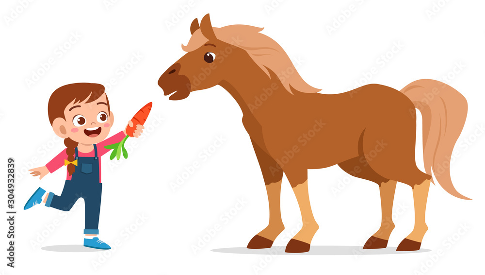 happy cute kid girl feeding cute horse Stock Vector | Adobe Stock