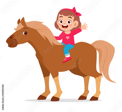 happy cute kid girl riding cute horse
