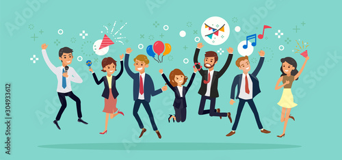 Happy business team jumping. Karaoke party celebration concept vector cartoon illustration.