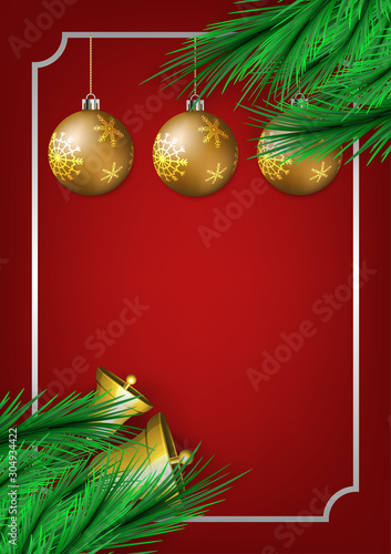 Gold Christmas ball decor with pine leaf on red background