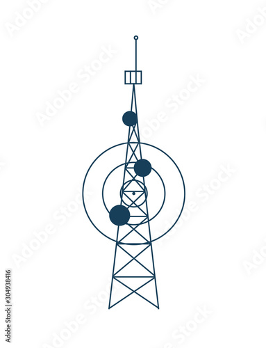 Satellite tower vector, isolated station sharing connection flat style construction for cellular communication, modern technologies, mobile signal transmission
