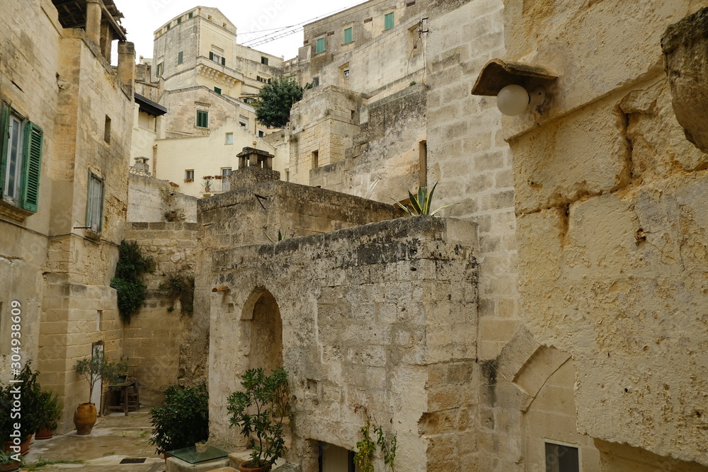 Courtyard with plant in a street of the ancient city of Matera. Houses in tufa stone.