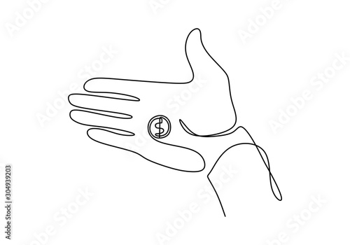 Continuous one line drawing of hand holding money of dollar coin. Vector illustration simplicity sketch hand drawn minimalism.