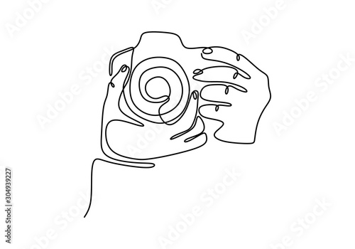 Continuous one line drawing of taking picture with digital camera vector minimalism black and white.