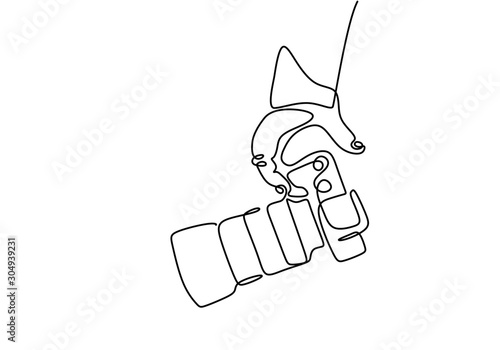 Continuous one line drawing of finger holding digital single-lens reflex camera for professional photographer and videographer. Minimalism design vector illustration with simplicity style.