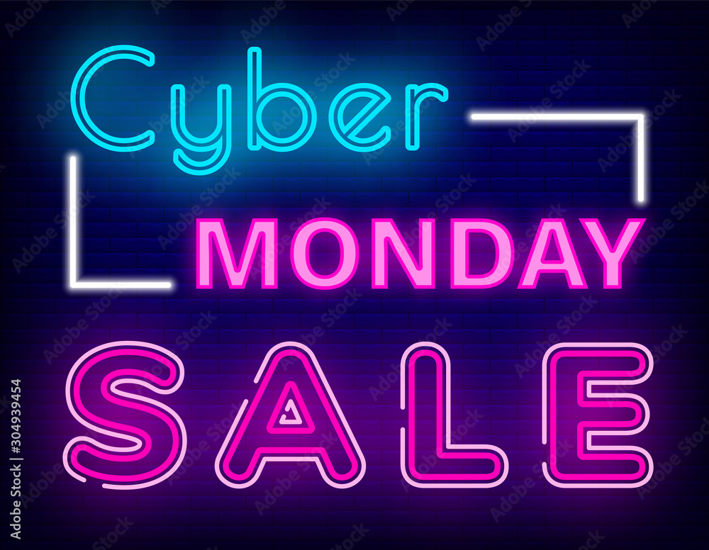 Cyber monday sale vector. Clearance for clients and customers of stores. Deal on holiday, reduction of price and discounts offers. Promotional poster with neon text and glowing frame flat style Cyber monday sale vector. Clearance for clients and customers of stores. Deal on holiday, reduction of price and discounts offers. Promotional poster with neon text and glowing frame flat style