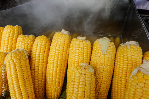 Istanbul, Turkey Boiled corn on the cob at an outdoor stand. photo