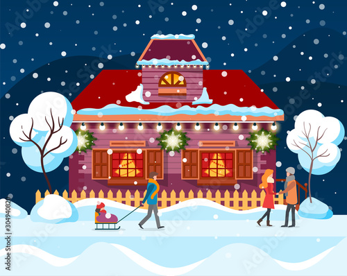 Street in winter city vector. People standing by fence of house decorated for christmas celebration. Snowing weather in evening. Mother walking with kid sitting on sledges. Trees covered with snow