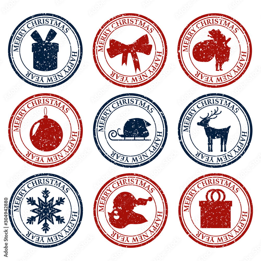 Obraz premium Merry Christmasand Happy New Year set dirty post stamp icon