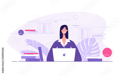 Vector flat style illustration of a young businesswoman with the laptop in office